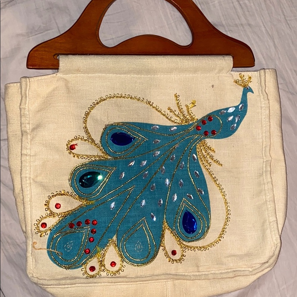 peacock bag with wooden handle